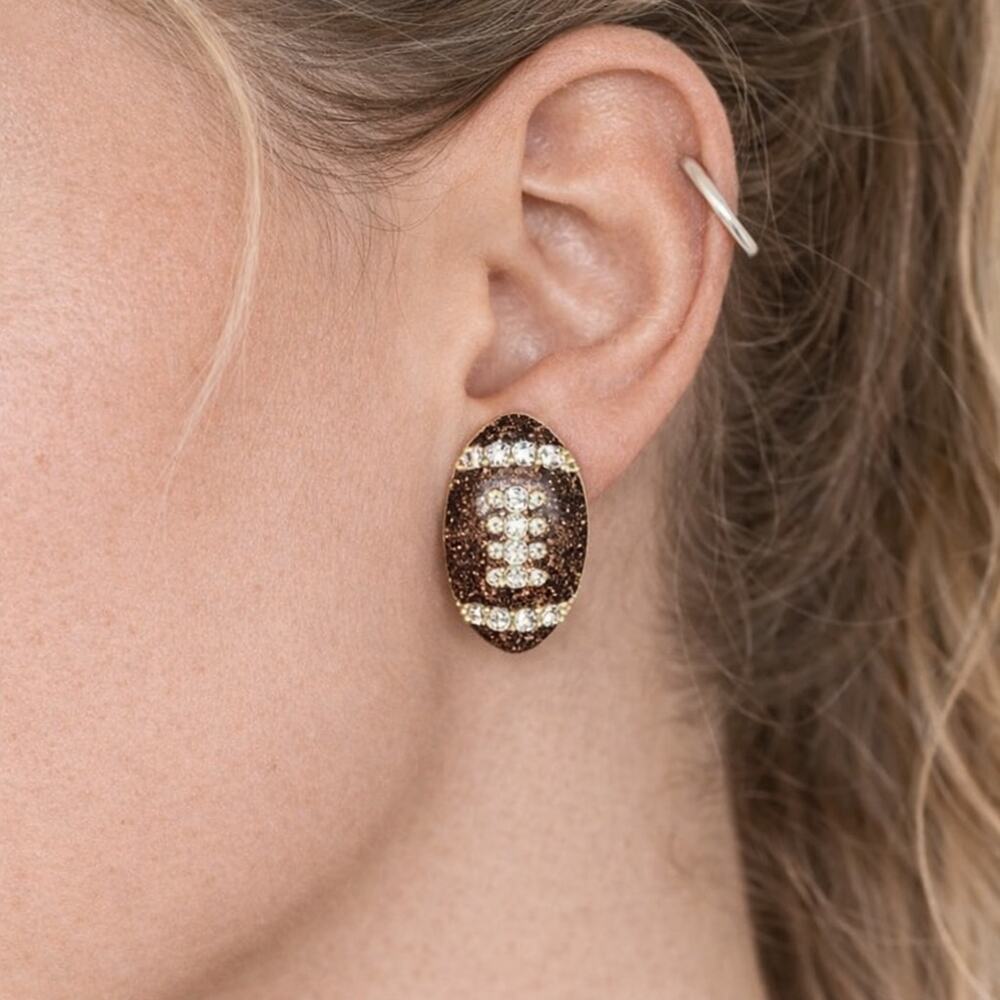 Football Rhinestone Stud Earrings Brown Sports Fan Game Day Jewelry Gift Women